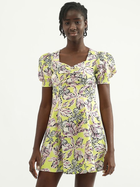 United Colors of Benetton Yellow Printed A-Line Dress Price in India