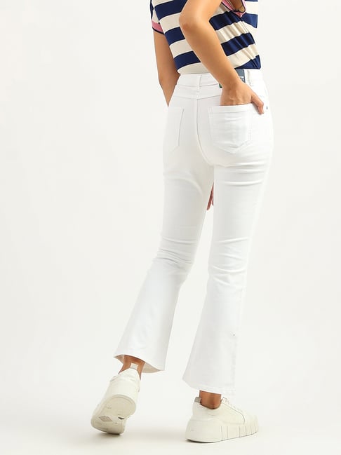 High Waisted White Cropped Flare Jeans