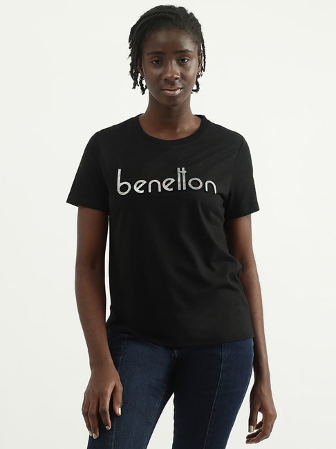 Buy United Benetton of @ Online Printed T-Shirt for Women CLiQ Black Tata Colors