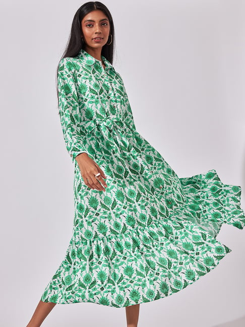 The Label Life Green Printed Tiered Shirt Dress Price in India