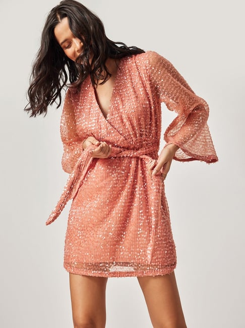 The Label Life Blush Pink Embellished Wrap Dress Price in India