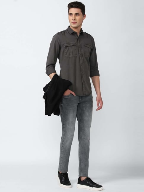 Peter England Jeans Grey Cotton Slim Fit Denim Shirts