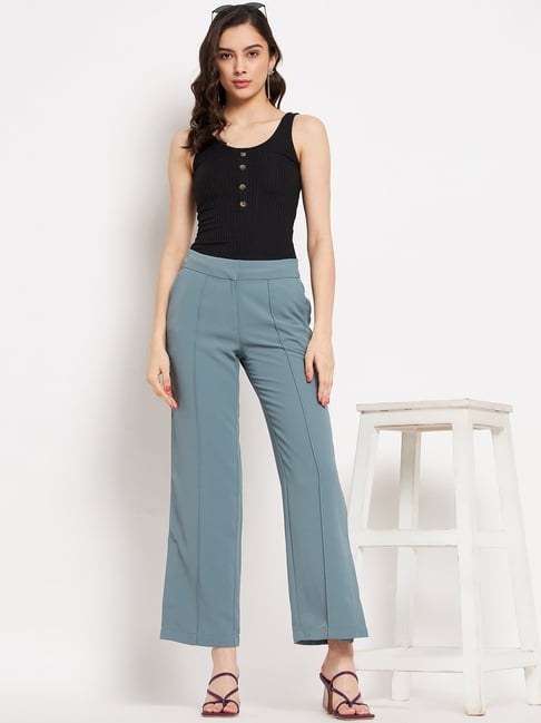 Women Olive Green Solid Highrise Parallel Trousers