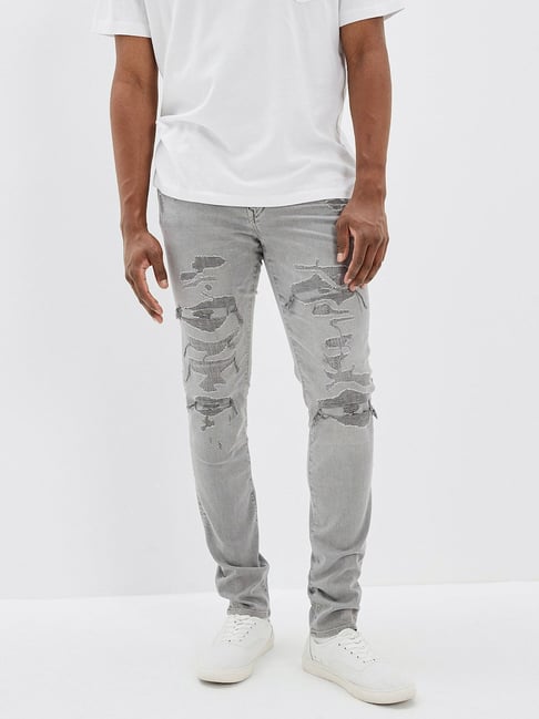American Eagle Light Grey Cotton Slim Fit Distressed Jeans - Main Image