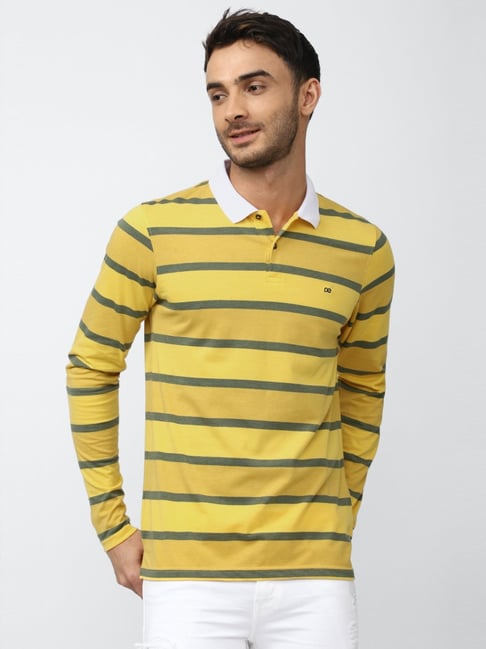 Peter England Casuals Yellow Regular Fit Striped Polo T-Shirt