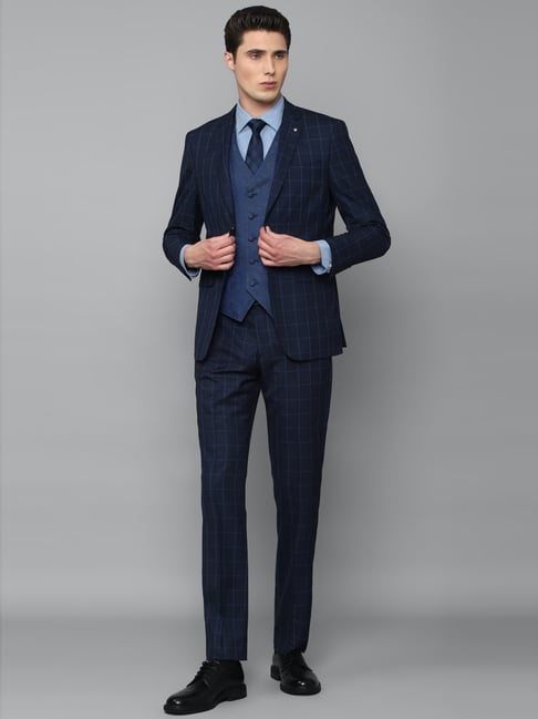 Louis Philippe Blue Slim Fit Checks Three Piece Suits