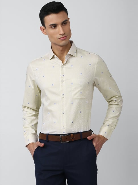 Peter England Elite Yellow Cotton Regular Fit Printed Shirt