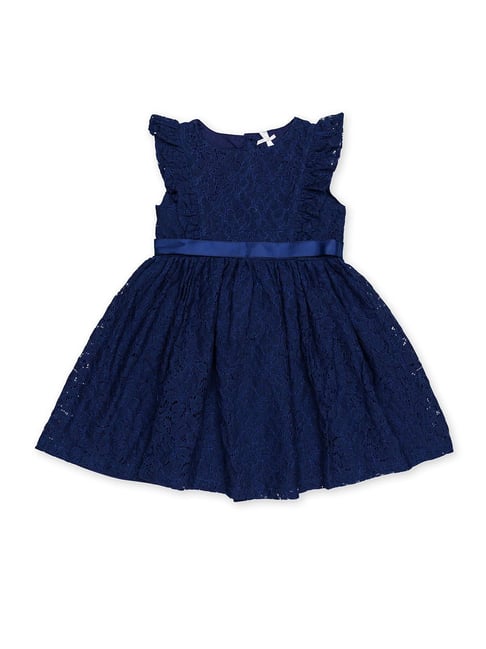 Navy Blue Taffeta Silver Lace Wedding Flower Girl Dress - Princessly