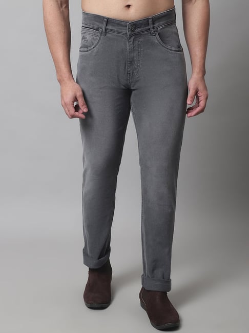 Cantabil Dark Grey Regular Fit Lightly Washed Jeans