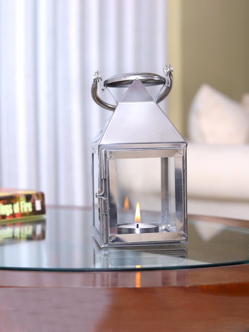 HOSLEY Silver Metal Decorative Lantern with Pillar Candle Lantern (6.5inch)