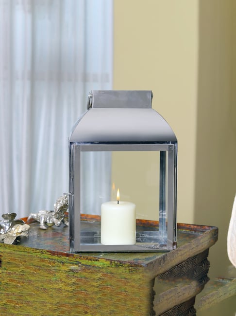 Buy HOSLEY Silver Metal Lantern with Pillar Candle (12inch) at