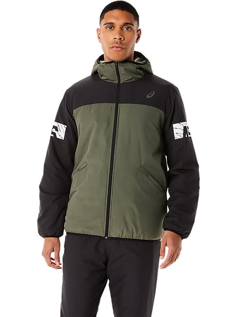 Asics Olive Black Regular Fit Colour-Block Sports Jacket