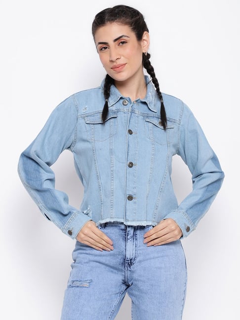 Buy online Women Blue Cotton Blend Denim Jacket from jackets and blazers  and coats for Women by Crimsoune Club for ₹1749 at 50% off | 2024  Limeroad.com