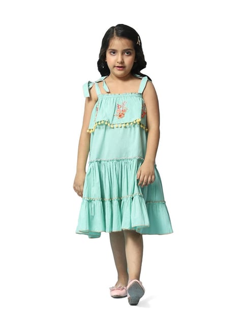 Buy BIBA Girls Green Cotton Embroidered Dress for Girls Clothing