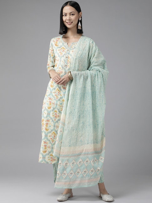Yufta Beige & Blue Cotton Embellished Kurta Pant Set With Dupatta Price in India