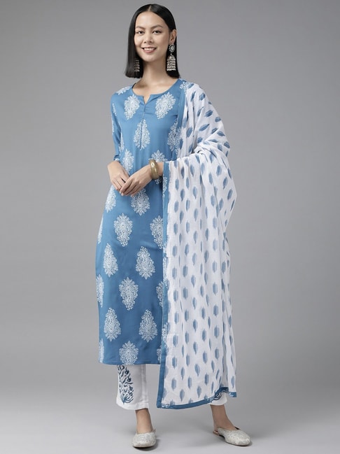 Yufta Blue & White Floral Print Kurta Pant Set With Dupatta Price in India