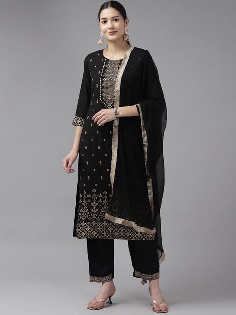 Yufta Black Embellished Kurta Pant Set With Dupatta