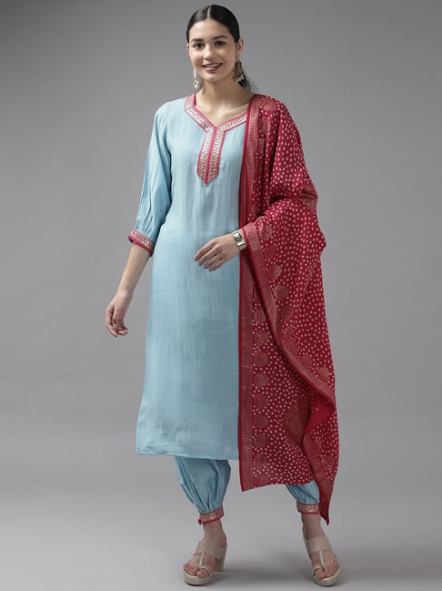 Yufta Sky Blue Embellished Kurta Salwar Set With Dupatta