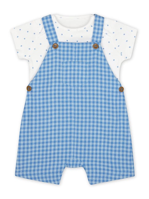 Mothercare Kids Blue & White Cotton Printed Dungaree Set