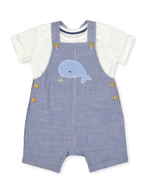 Mothercare Kids Blue & White Cotton Striped Dungaree Set