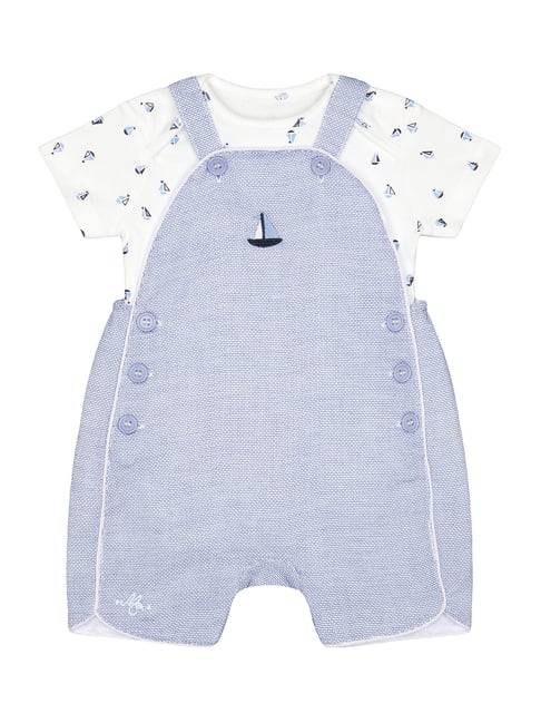 Mothercare Kids Blue & White Cotton Printed Dungaree Set