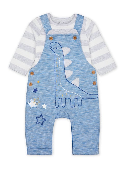 Mothercare Kids Blue & Grey Cotton Embroidered Full Sleeves Dungaree Set