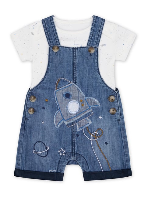 Mothercare Kids Blue & White Cotton Printed Dungaree Set