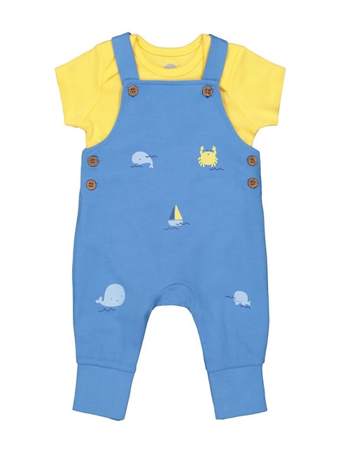 Mothercare Kids Blue & Yellow Cotton Printed Dungaree Set