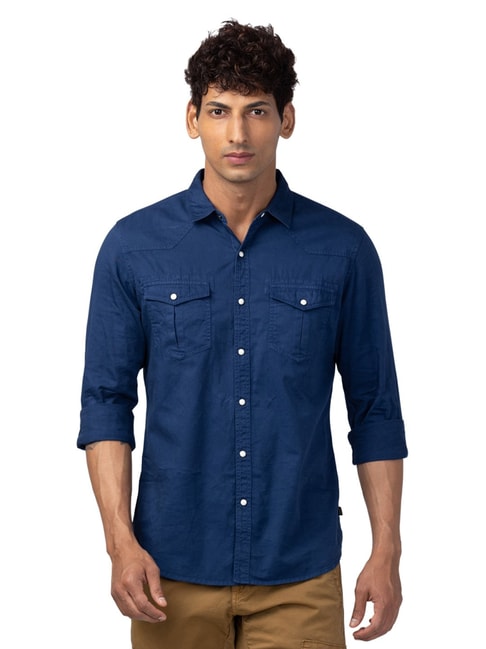 Spykar Men Indigo Blue Cotton Slim Fit Half Sleeve Denim Shirt-sgquangbinhtourist.com.vn