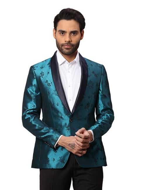 Park Avenue Blue Super Slim Fit Floral Print Blazer