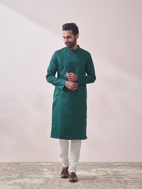 Manyavar Dark Green Regular Fit Striped Kurta & Pyjama Set