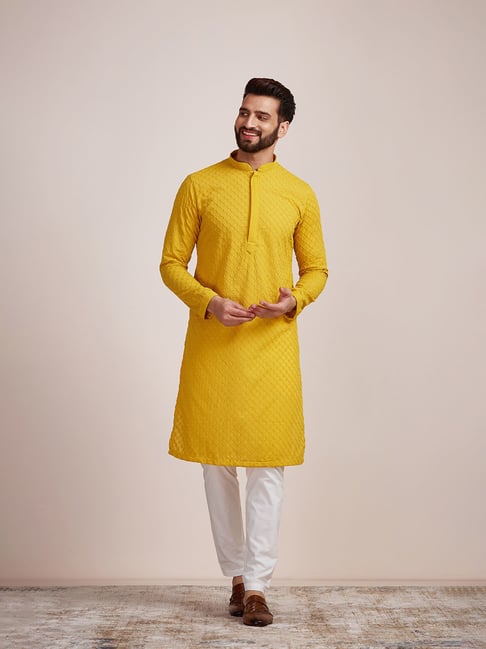 Manyavar Mustard Regular Fit Embroidered Kurta & Pyjama Set