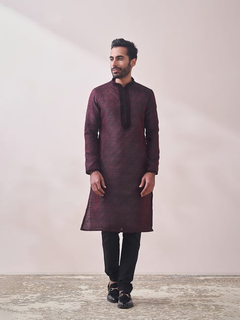 Manyavar Maroon & Black Regular Fit Printed Kurta & Churidar Set