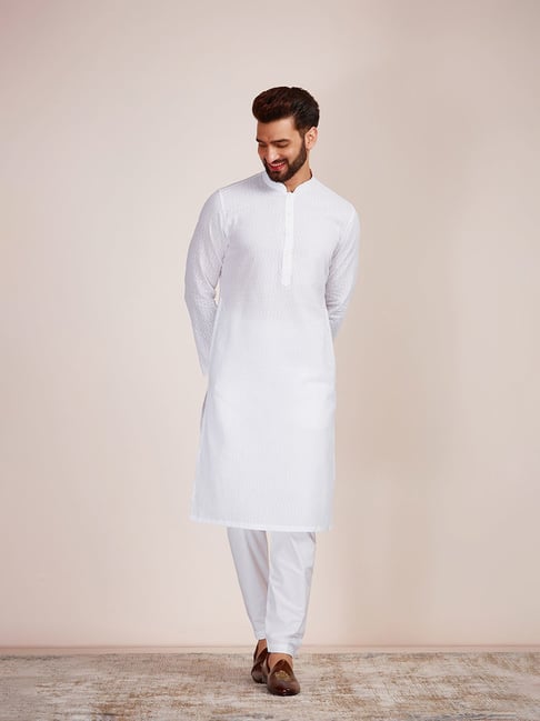 Manyavar White Regular Fit Printed Kurta & Pyjama Set