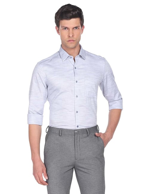 Arrow Light Blue Slim Fit Self Design Cotton Shirt