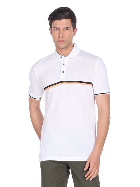 Buy Arrow White Regular Fit Striped Cotton Polo T-Shirt for Men's