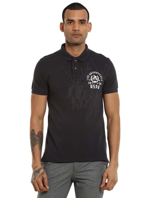 U S Polo Assn U.S. Polo Assn. Dark Grey Regular Fit Printed Cotton Polo T-Shirt