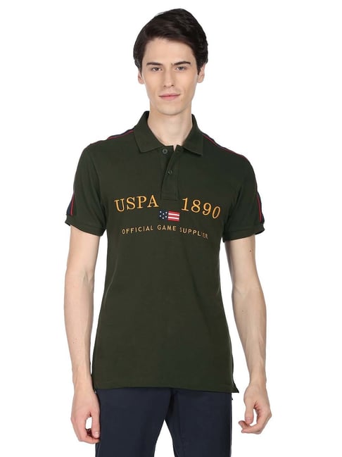 U S Polo Assn U.S. Polo Assn. Dark Olive Slim Fit Self Design Cotton Polo T-Shirt