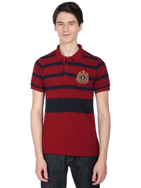 U S Polo Assn U.S. Polo Assn. Maroon Regular Fit Striped Cotton Polo T-Shirt