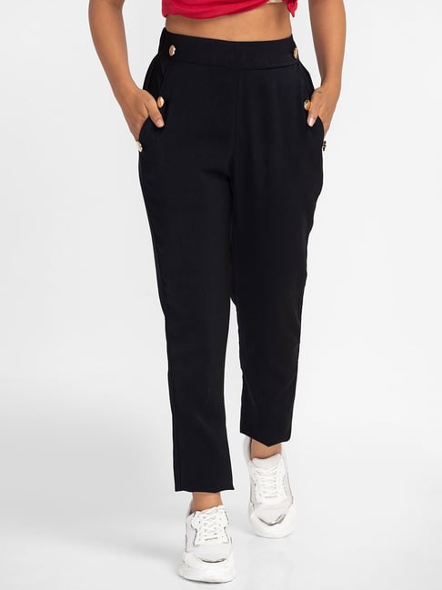 Buy Globus Black Slim Fit Mid Rise Trousers for Women Online