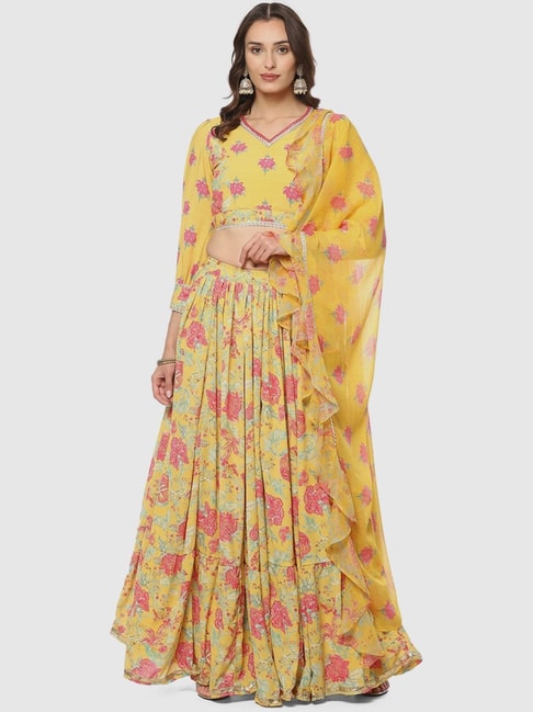 Biba Yellow Printed Lehenga Choli Set With Dupatta Price in India