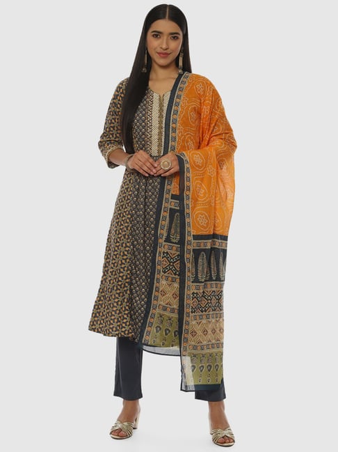 Biba Grey Cotton Printed Kurta Pant Set With Dupatta
