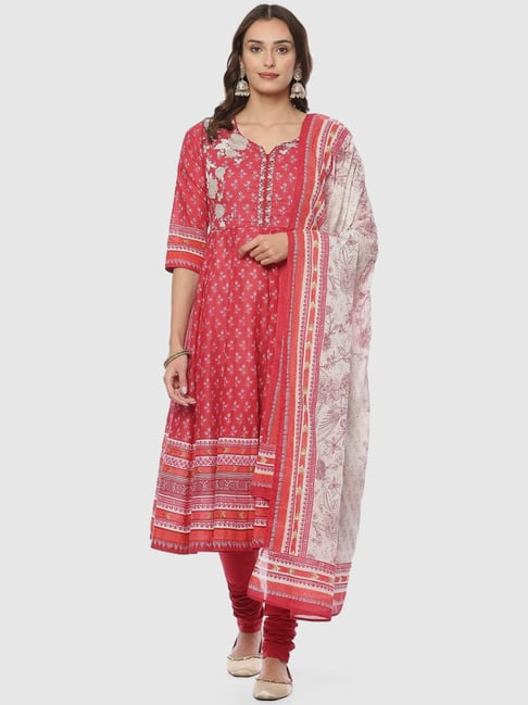 Biba Red Cotton Printed Kurta Churidar Set With Dupatta