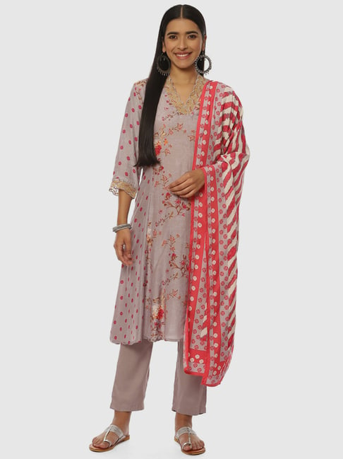 Biba Grey Printed Kurta Pant Set With Dupatta Price in India