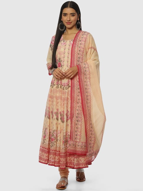 Biba Cream Cotton Printed Kurta Churidar Set With Dupatta