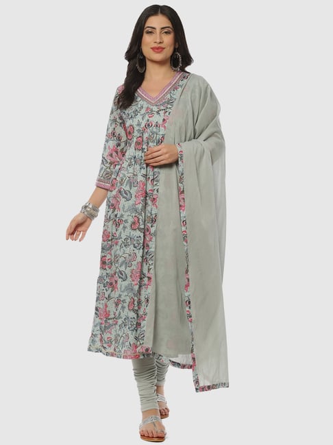 Biba Sea Blue Cotton Printed Kurta Churidar Set With Dupatta