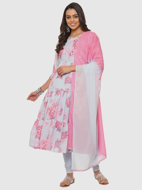 Biba Blue & Pink Cotton Printed Kurta Churidar Set With Dupatta