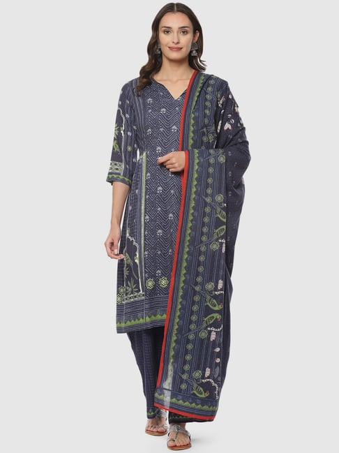 Biba Blue Printed Kurta Palazzo Set With Dupatta Price in India