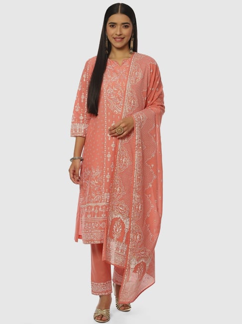 Biba Coral Cotton Printed Kurta Pant Set With Dupatta Price in India