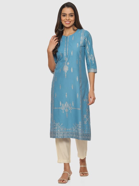 Biba Blue Cotton Printed Straight Kurta